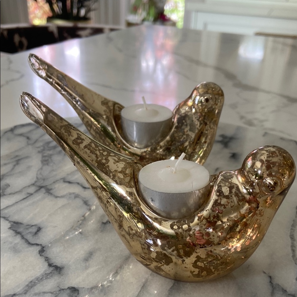Gold Mercury Glass Bird Tea Light Candle Holders